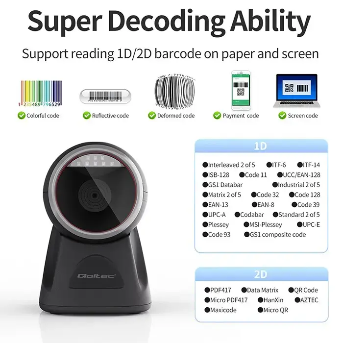 Qoltec Stationary barcode reader and QR code scanner | 1D 2D | USB | Precision