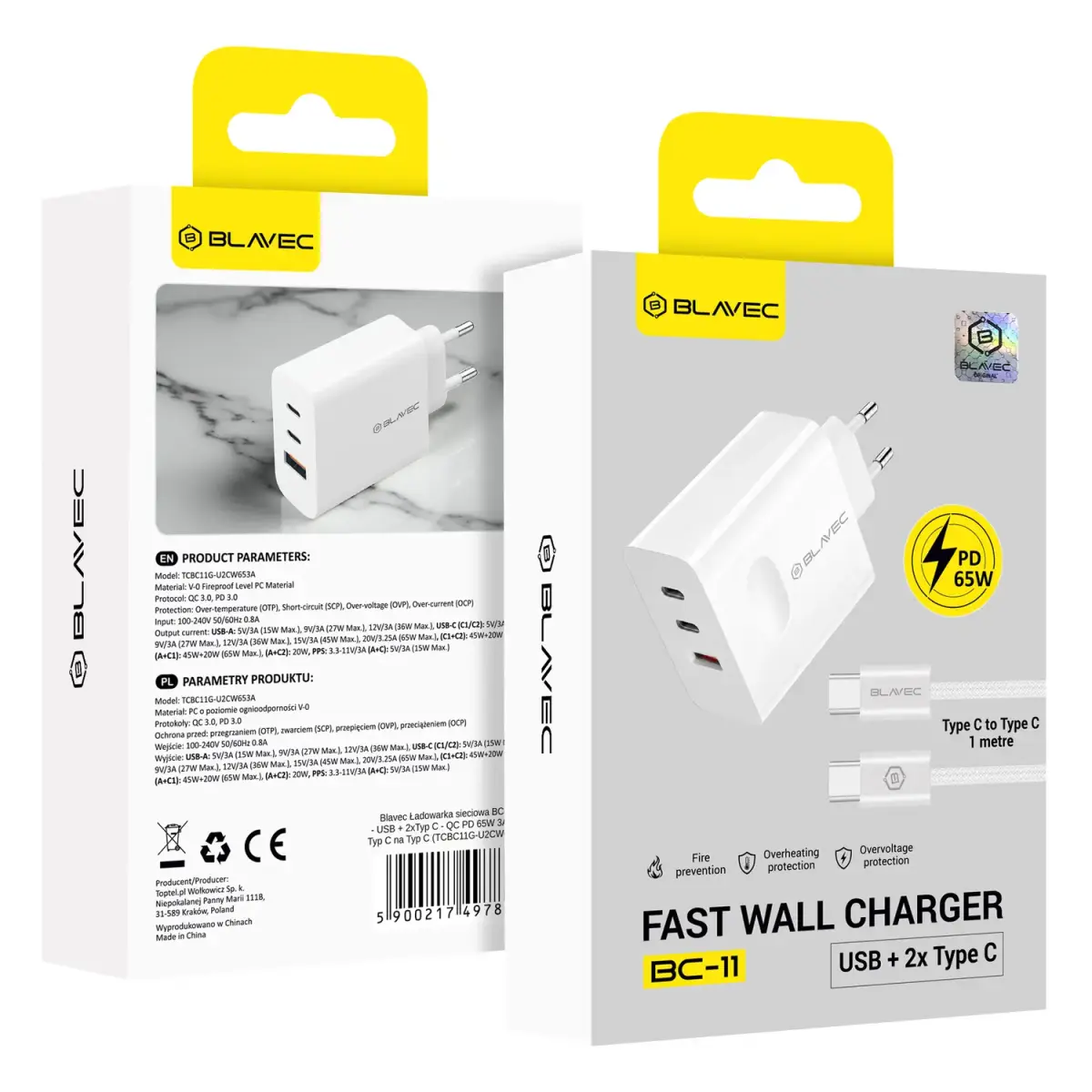 Blavec Wall charger BC-11 GaN - USB + 2xType C - QC PD 65W 3A with Type C to Type C cable (TCBC11G-U2CW653A) white