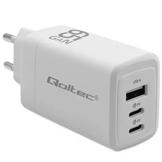 Зарядное устройство Qoltec GaN | 65W | PD, QC, GaN | USB-C, USB-A | белое