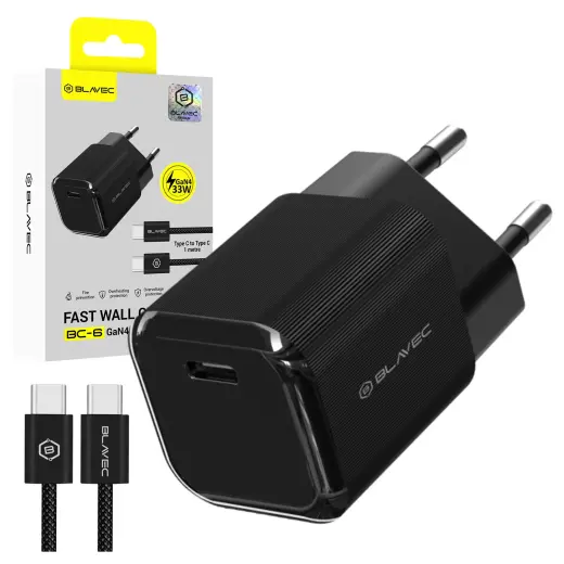 Blavec BC-6 tīkla lādētājs | 33W | PD, QC, GaN | USB-C | ar USB-C uz USB-C vadu komplektā | melns