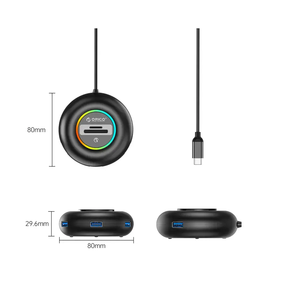 Orico YXR5-C3 RGB USB Hub 4-Port USB-A 3.0 with SD and microSD Reader 1.8m - Black