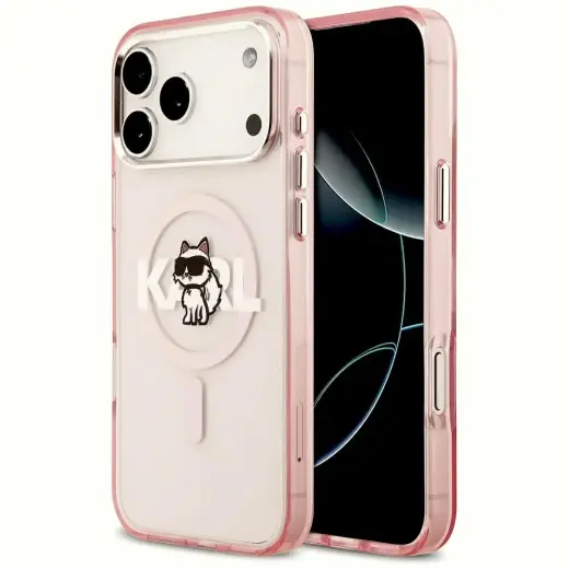 Karl Lagerfeld IML Choupette Sketch Logo maciņš ar MagSafe atbalstu telefonam iPhone 17 Pro Max rozā