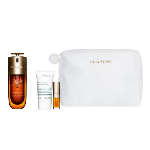 Set Clarins: Double, Anti-Ageing, Serum, For Face, 50 ml + Cryo-Flash, Firming & Radiance, Cream Mask, For Face, 15 ml + Lip Confort, Lip Oil, 01, 1.4 ml *Miniature + Clarins, Zippered, GWP Textile Pouch, White