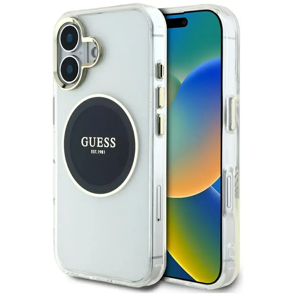 Guess IML Metāla Krāsains Aplis Klasiskais Logo MagSafe telefona maciņš iPhone 16 melns