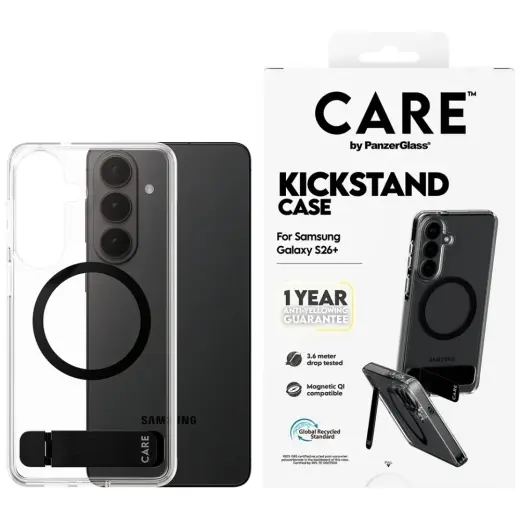 CARE by PanzerGlass Black Kickstand & QI telefoni ümbris alusega Samsung Galaxy S26+ (S947) läbipaistev