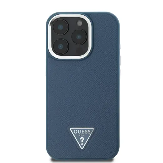 Guess PU Grained Triangle Logo Case for iPhone 16 Pro Blue