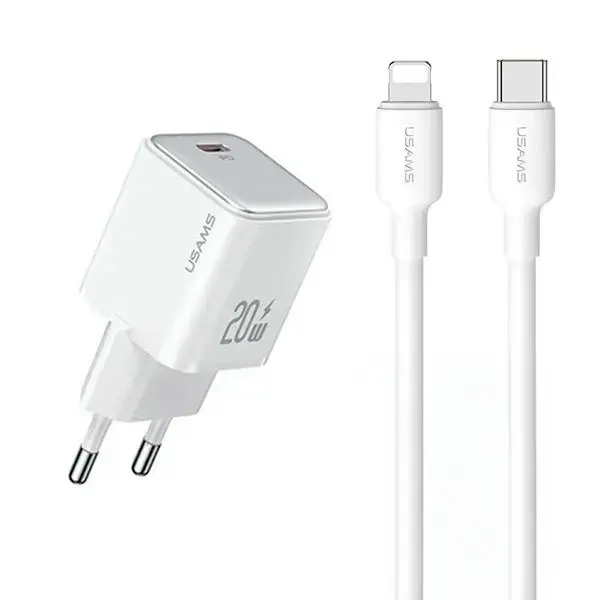 USAMS YX Series tīkla lādētājs | 20W | PD, PD3.0 | USB-C, Lightning | USB-C uz Lightning vads komplektā | balts