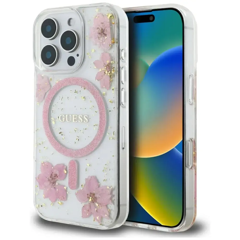 Case Guess Resin Flowers MagSafe for iPhone 16 Pro Max pink