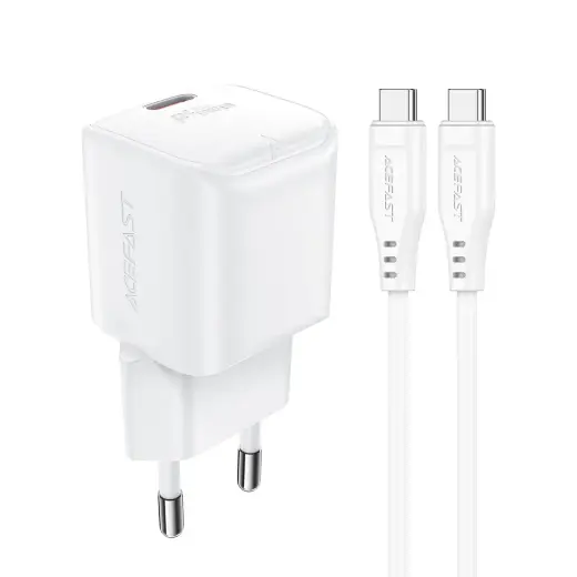 Acefast A73 travel charger | 20W | PD, GaN | USB-C | with USB-C to USB-C cable included | white