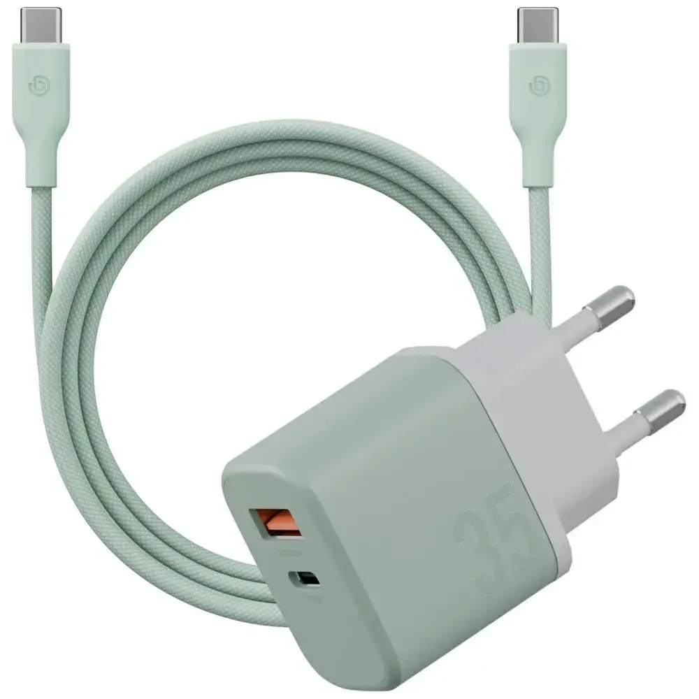 ENERGEA GoPort Velox tīkla lādētājs | 35W | GaN | USB-C, USB-A | ar USB-C uz USB-C vadu komplektā | zaļš