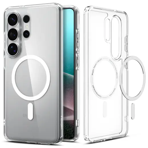 Spigen Ultra Hybrid Mag telefono dėklas su MagSafe palaikymu Samsung Galaxy S26 Ultra (S948) skaidrus baltas