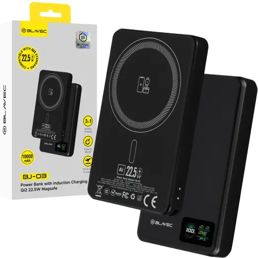 Blavec BJ-03 Slim ārējais akumulators (powerbank) | 10 000 mAh | 22.5W | USB-C, MagSafe, Wireless | melns