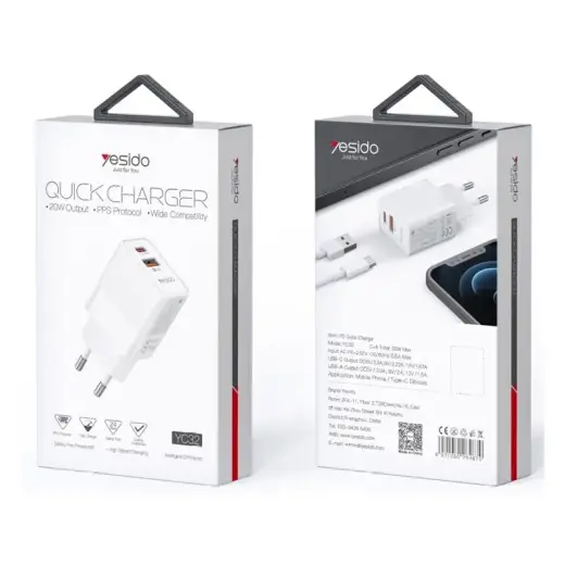 Yesido YC32 tīkla lādētājs | 20W | PD, QC | USB-A, USB-C | balts