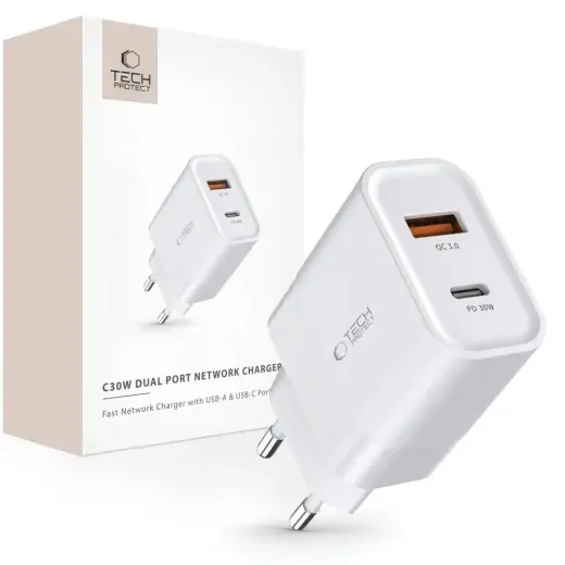 Tech-Protect C30W travel charger | 30W | PD, QC 3.0 | USB-C, USB-A | white