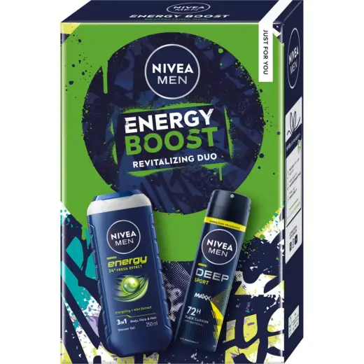 Nivea Men Energy Boost Set, Antitranspirant Spray, 150 Ml + 3-in-1 Duschgel, 250 Ml
