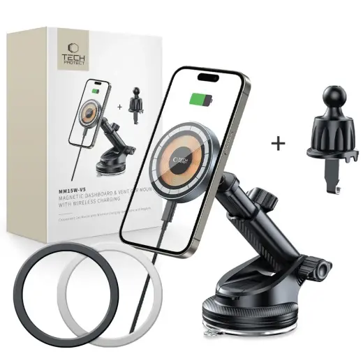 Tech-Protect MM15W-V5 magnetiline auto telefonihoidik ventilatsiooniavale ja esiklaasile 15W juhtmevaba laadimisega MagSafe ühilduv must