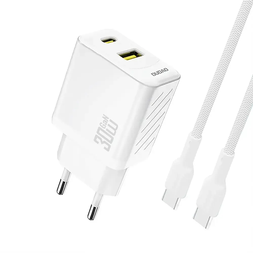 Dudao A27TCEU tīkla lādētājs | 30W | PD, GaN | USB-A, USB-C | ar USB-C uz USB-C vadu komplektā | balts