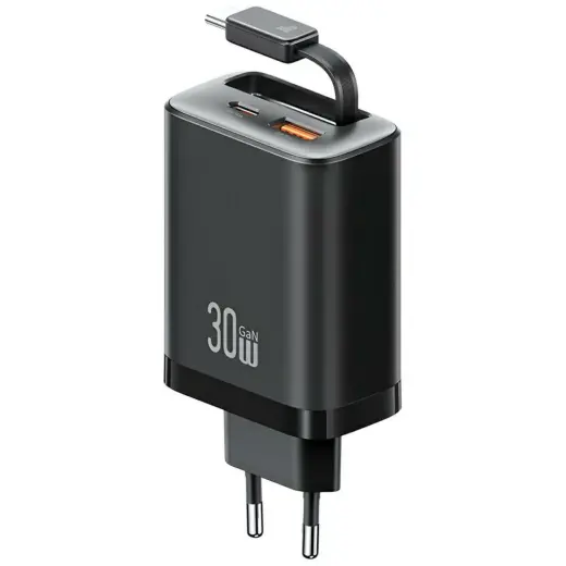 USAMS Xiang Series CC296 tīkla lādētājs | 30W | USB-C, USB-A | ar USB-C vadu komplektā | melns