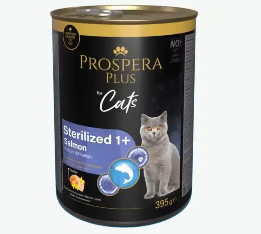 Konservi kaķiem – Prospera Plus Cat, Meat Paté Sterilized 1+, Salmon with Whitefish, 395 g