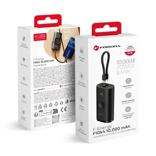 Forcell F-Energy F10K4 compatible with Apple Watch väline akupank (powerbank) | 10 000 mAh | 22.5W | PD, QC | USB-C, USB-A, Apple Watch | black