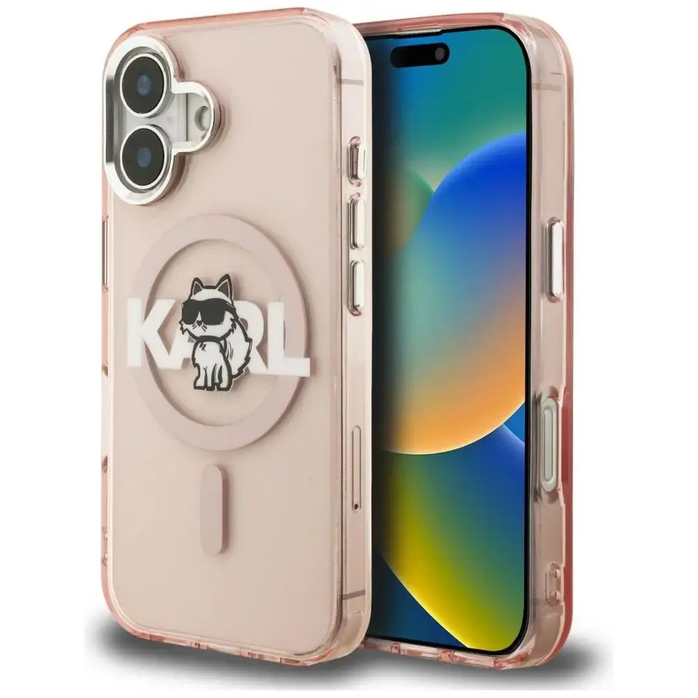 Karl Lagerfeld IML Choupette Sketch Logo maciņš ar MagSafe atbalstu telefonam iPhone 16 rozā (kaķis)