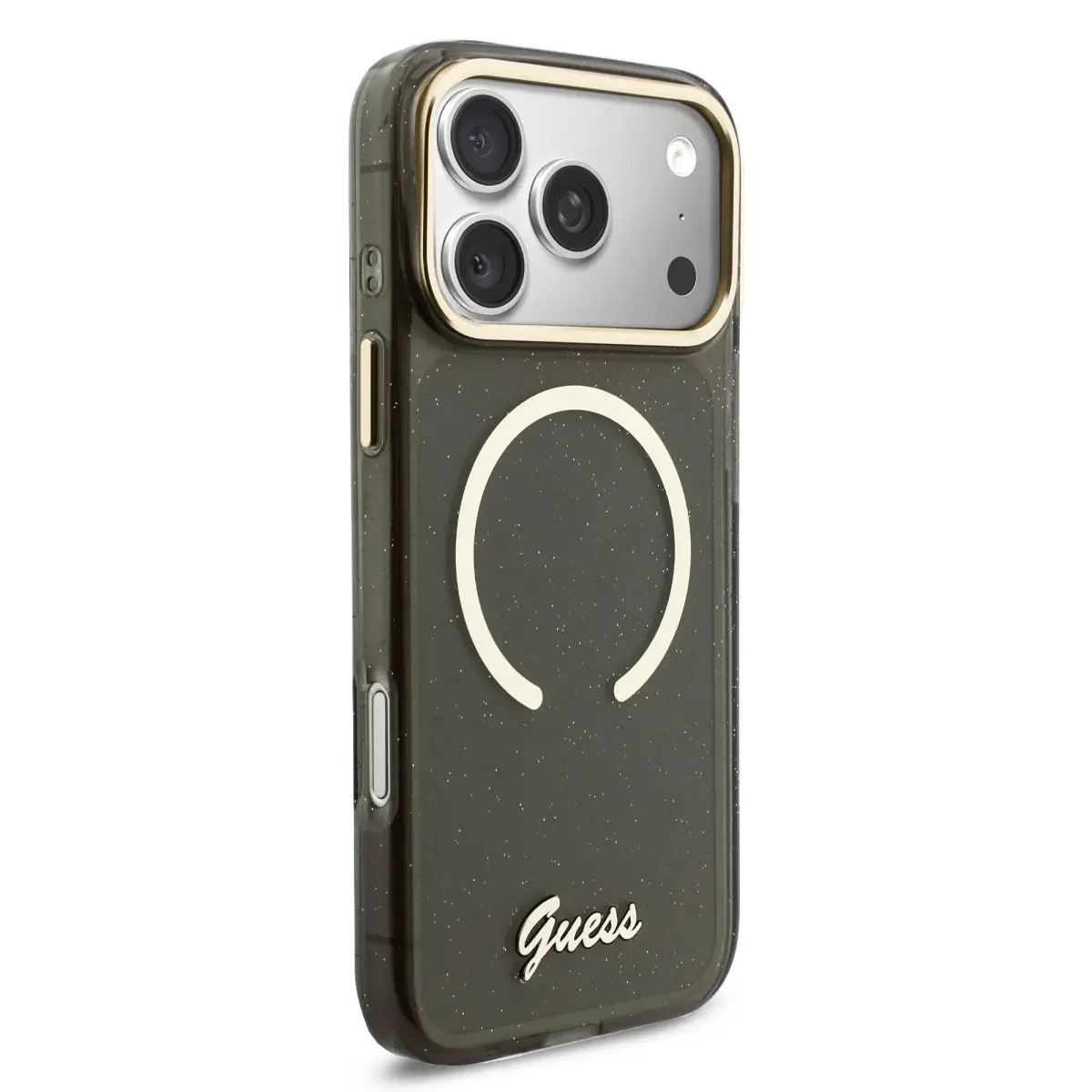 Guess IML Glitter Script Strap maciņš ar MagSafe atbalstu telefonam iPhone 17 Pro Max melns