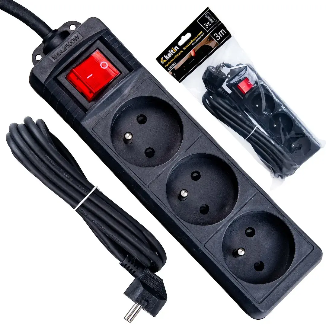 Black Extension Cord with Switch, 3 Sockets, 3m