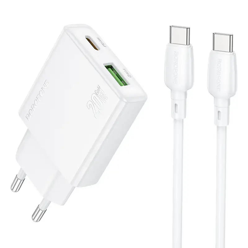 Borofone Wall charger BN24 Wish - USB + Type C - PD QC 3.0 20W with Type to Type C cable white