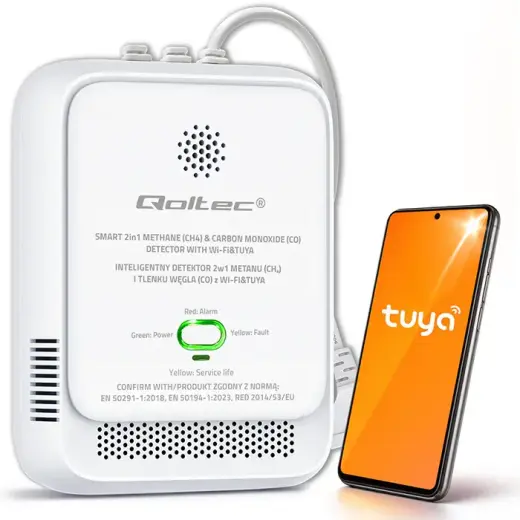 Qoltec Certified natural gas and carbon monoxide (CO) leak detector | CH4 | CO | NG | Tuya | Wi-Fi | 85dB alarm | LED