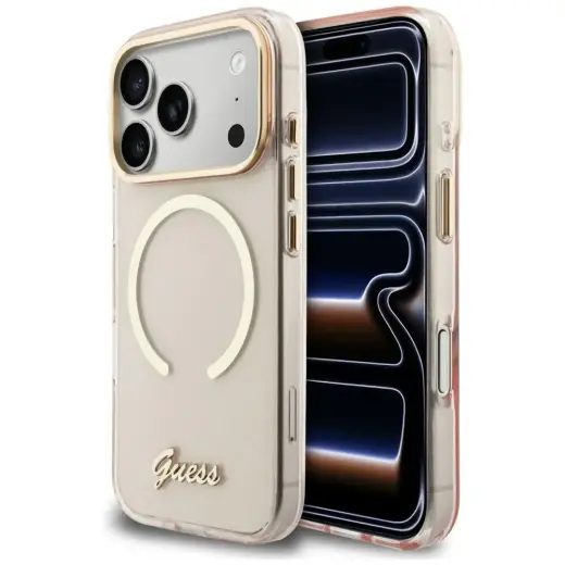 Guess IML Script Metal maciņš ar MagSafe atbalstu telefonam iPhone 17 Pro rozā