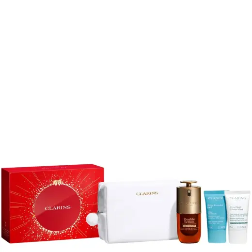 Set Clarins: Cryo-Flash, Firming & Radiance, Cream Mask, For Face, 15 ml + Double Light, Age-Defying, Serum, For Face, 30 ml + Hydra-Essentiel, Moisturising, Cream, For Face, 15 ml + Clarins, Zippered, GWP Textile Pouch, White