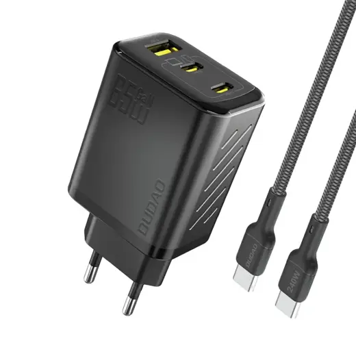 Dudao A29C tīkla lādētājs | 65W | PD, QC, GaN | USB-C, USB-A | ar USB-C uz USB-C vadu komplektā | melns