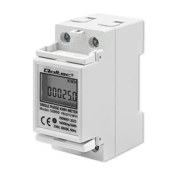 Qoltec Single phase electronic energy consumption meter | 230 V | LCD | 2P | DIN rail
