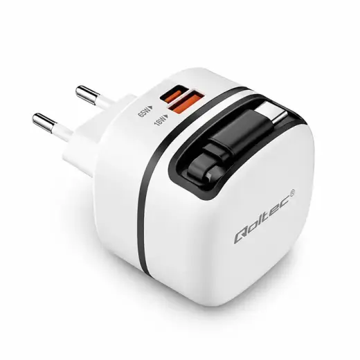 Qoltec tīkla lādētājs | 65W | PD, GaN, PPS | USB-C | ar ievelkamu vadu komplektā
