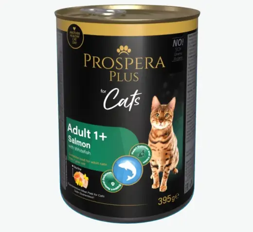 Konservi kaķiem – Prospera Plus Cat Meat Paté Adult 1+, Salmon with Whitefish, 395 g