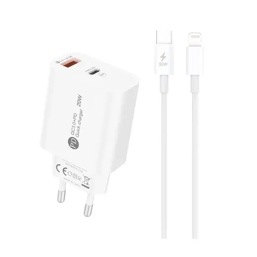 A6MaxL travel charger | 20W | USB-A, USB-C, Lightning | with USB-C - Lightning cable | white