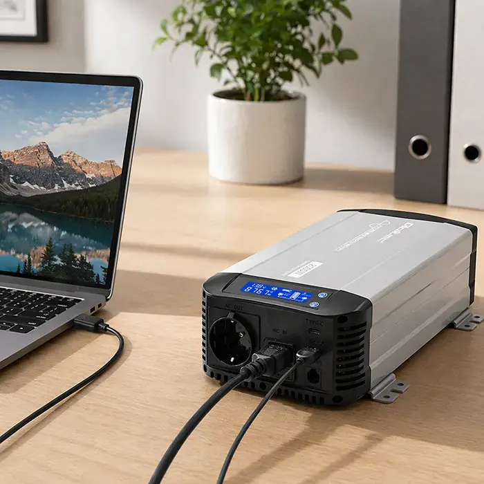 Qoltec Pure Sine Wave Inverter with UPS | 12V to 230V | 1000/2000W | LCD | USB | USB-C | Compatible with LiFePO4 GEL AGM
