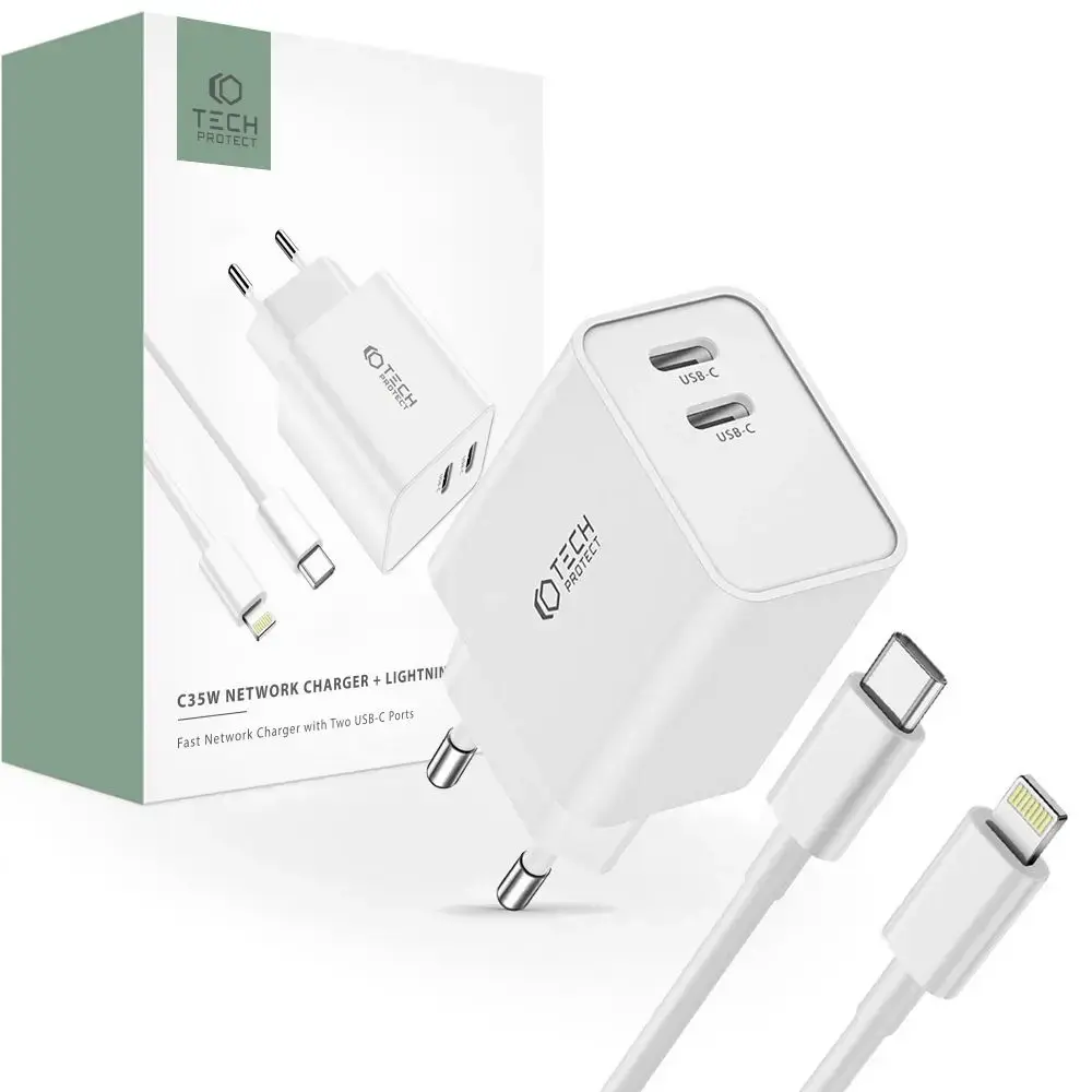 Tech-Protect C35W tīkla lādētājs | 35W | PD | USB-C, Lightning | Lightning vads komplektā | balts
