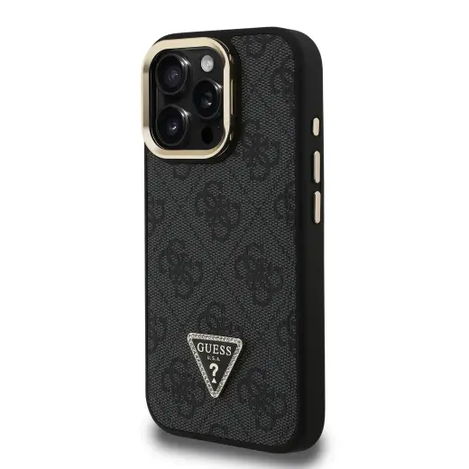 Guess PU 4G Strass Triangle Logo Stand Camera Frame MagSafe telefona maciņš iPhone 15 Pro Max melnā krāsā