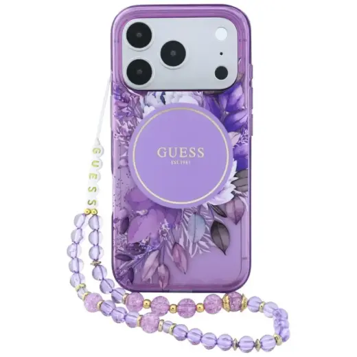 Guess IML Flowers Pearl Strap MagSafe Case for iPhone 18 Pro / 17 Pro - Purple