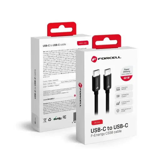 Forcell C338 data transfer and charging cable | USB-C to USB-C | QC 4.0, PD | 60W | 0.25m | black
