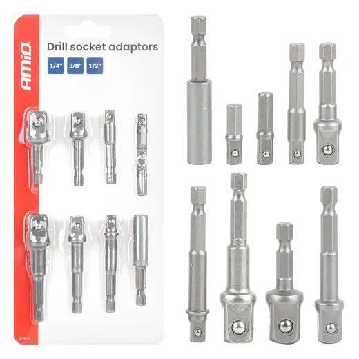 Drill socket adaptors 9el. 1/4", 3/8", 1/2" AMIO-04931