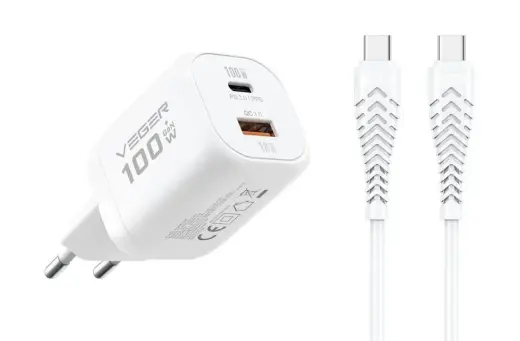 Veger TR150 tīkla lādētājs | 100W | PD, PPS | USB-A, USB-C | ar USB-C uz USB-C vadu komplektā | balts