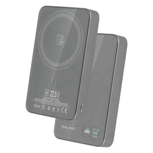 Blavec BJ-04 Slim 13,5mm ārējais akumulators (powerbank) | 10000 mAh | 22.5W | USB-C, MagSafe | LED ekrāns | pelēks