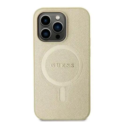 Guess GUHMP15SPSAHMCB Saffiano phone case with MagSafe support for iPhone 15 gold