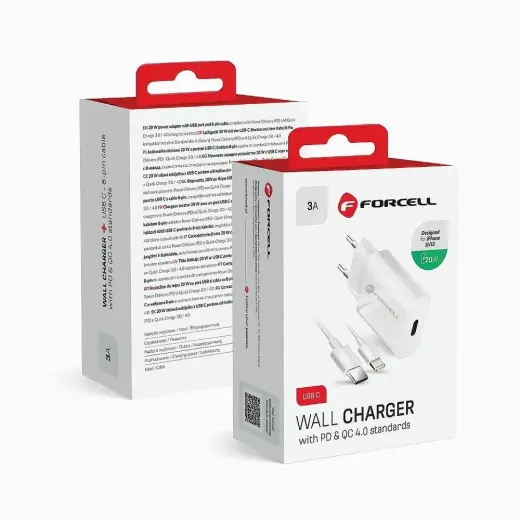 Forcell F-Energy TFK tīkla lādētājs | 20W | PD, QC | USB-C, Lightning | ar USB-C uz Lightning vadu komplektā | balts