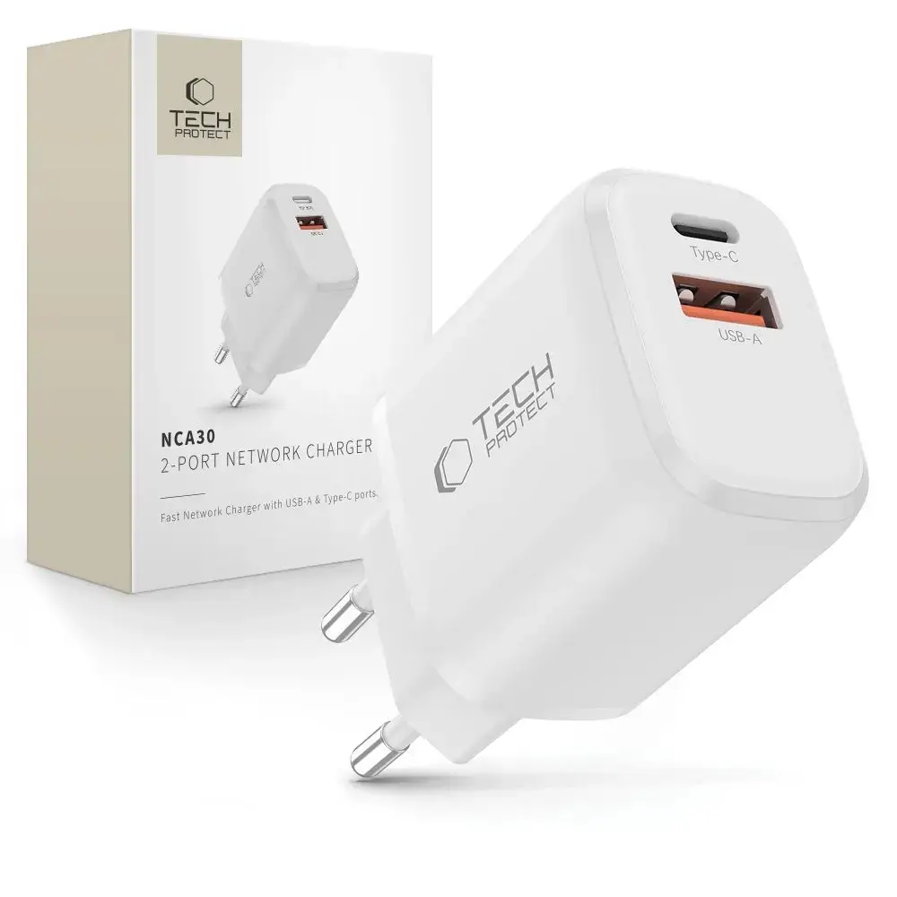 Tech-Protect NCA30 tīkla lādētājs | 30W | PD, QC | USB-A, USB-C | balts
