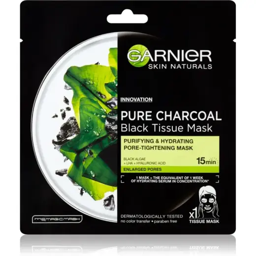 Garnier Black Tissue Mask with Seaweed Extract Pure Charcoal Skin Naturale Ls (black Fabric Mask) 28 G