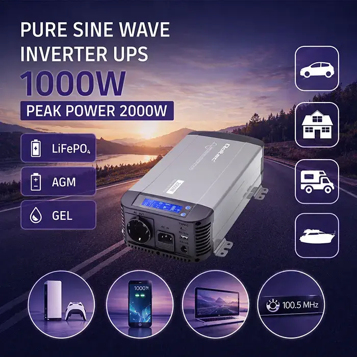 Qoltec Pure Sine Wave Inverter with UPS | 12V to 230V | 1000/2000W | LCD | USB | USB-C | Compatible with LiFePO4 GEL AGM