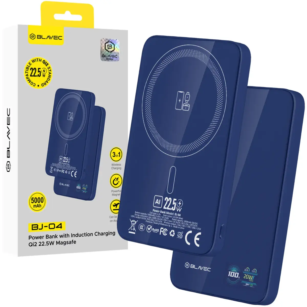 Blavec BJ-04 Ultra Slim 7,8mm (PBBJ04-MC5N) ārējais akumulators (powerbank) | 5 000 mAh | 22.5W | USB-C, MagSafe | zils